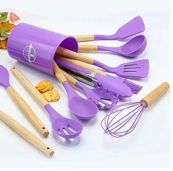 Kit 12 Utensílios de Cozinha  Silicone Cabo de Madeira ROXO