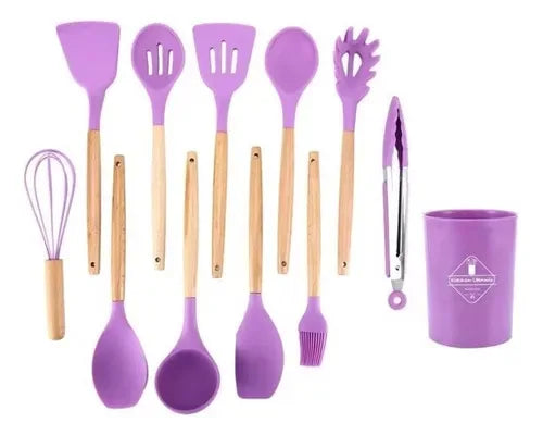 Kit 12 Utensílios de Cozinha  Silicone Cabo de Madeira ROXO