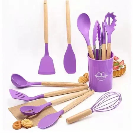 Kit 12 Utensílios de Cozinha  Silicone Cabo de Madeira ROXO