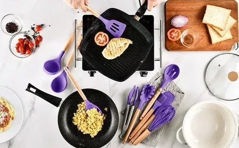 Kit 12 Utensílios de Cozinha  Silicone Cabo de Madeira ROXO